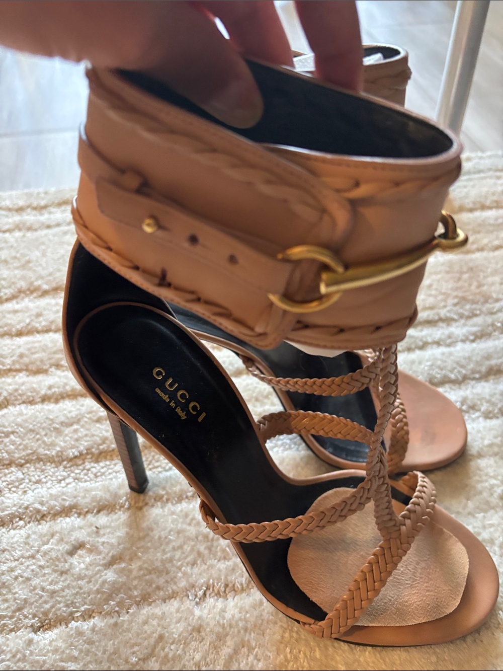 Gucci Braided Leather Strappy High Heel Sandals in Tan